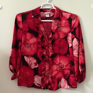 Jaclyn Smith Red and Black Floral Ruffle-Front Blouse